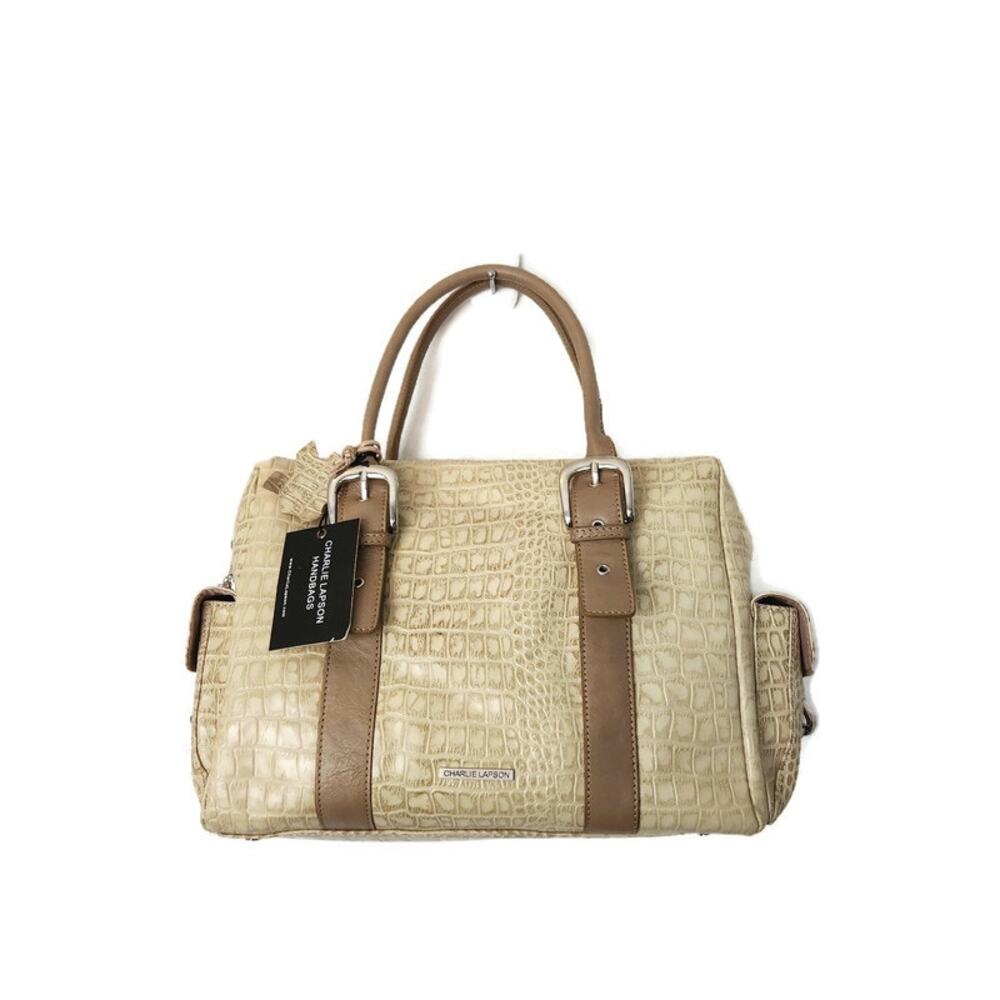 Charlie Lapson Women's Beige Croc Embossed Leather Satchel Handbag